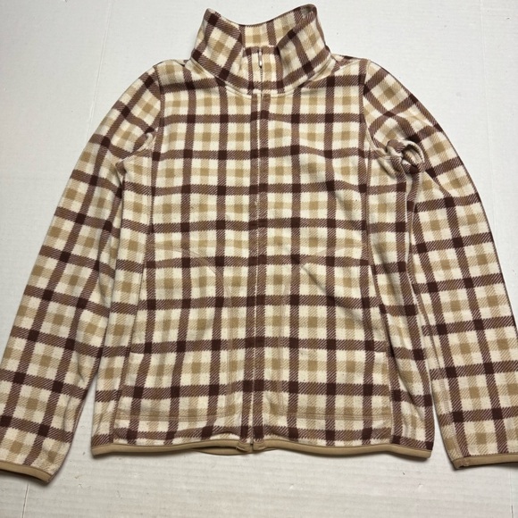 Uniqlo Fleece High Neck Lightweight Sweater Jacket Full Zip Brown Check Size: M - Picture 1 of 11